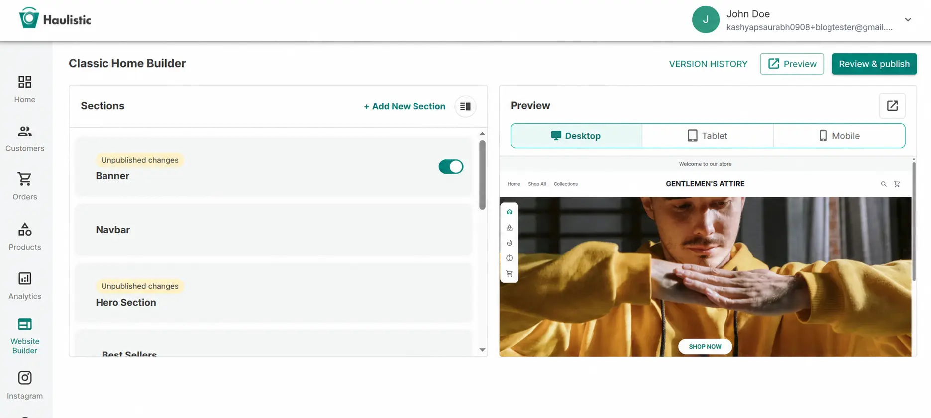 Classic Home Builder showing the section list and home page preview