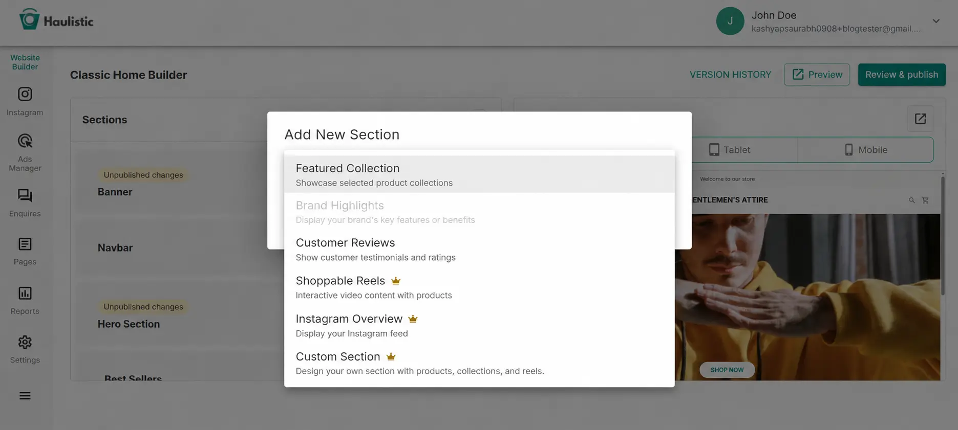 Add New Section picker in Classic Home Builder