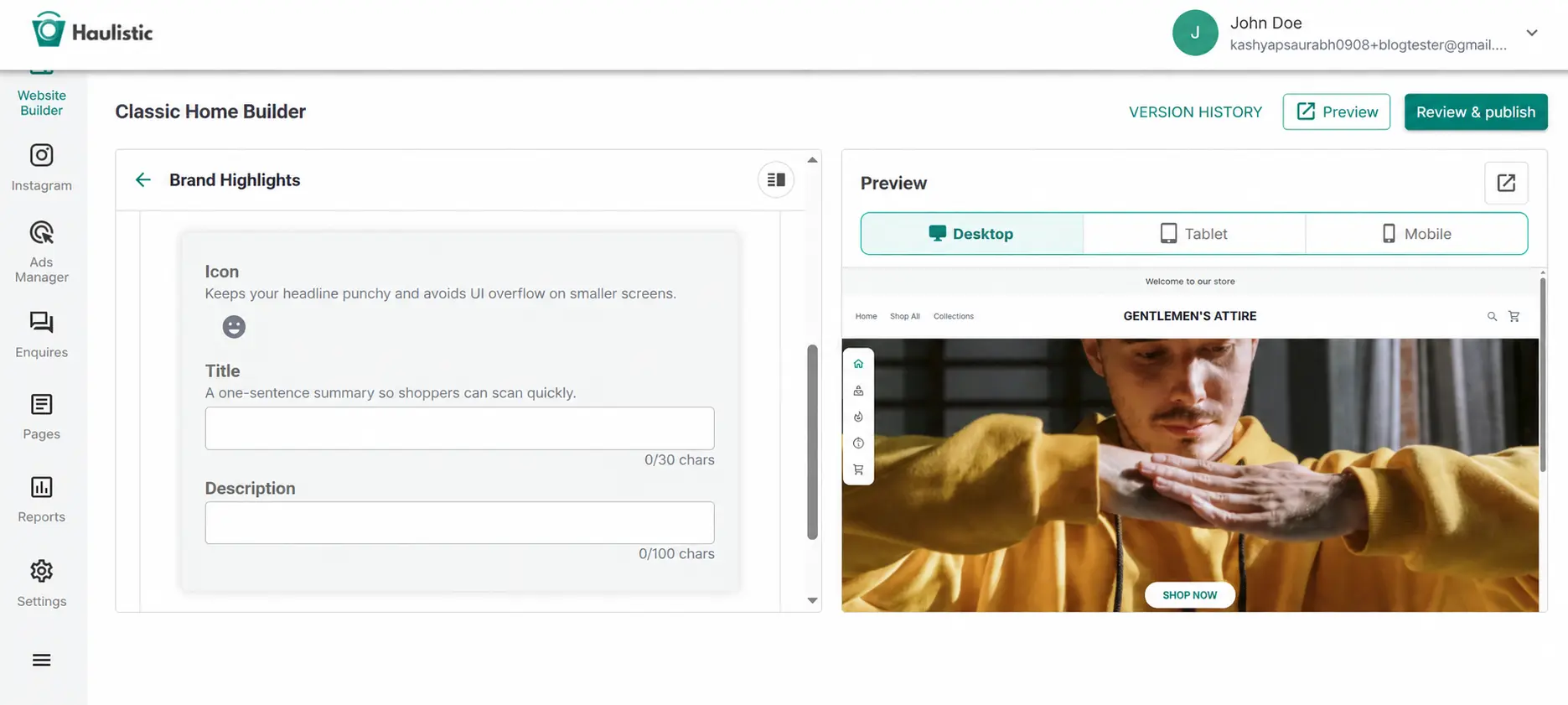 Brand Highlights section editor with content fields and preview
