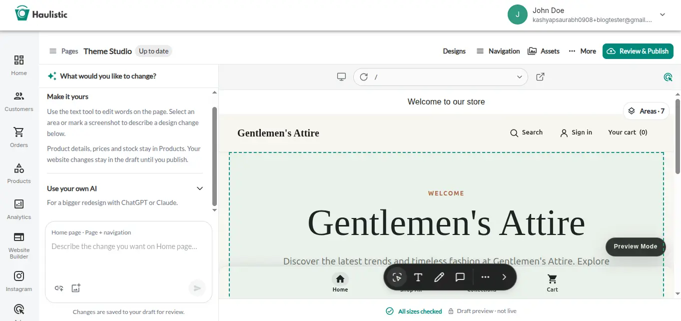 Theme Studio editor and storefront preview