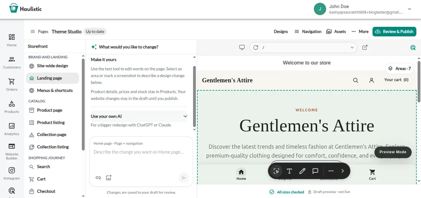 Theme Studio workspace with page navigation, editing area, and preview