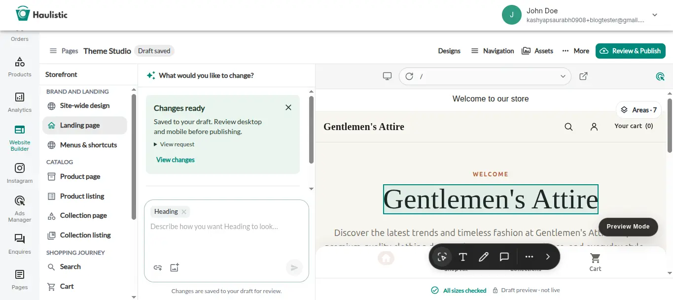 Selected heading and editing toolbar in the storefront preview