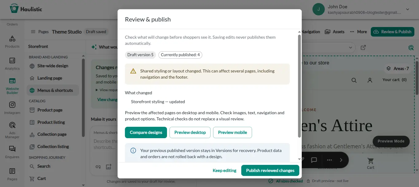 Theme Studio review and publish dialog